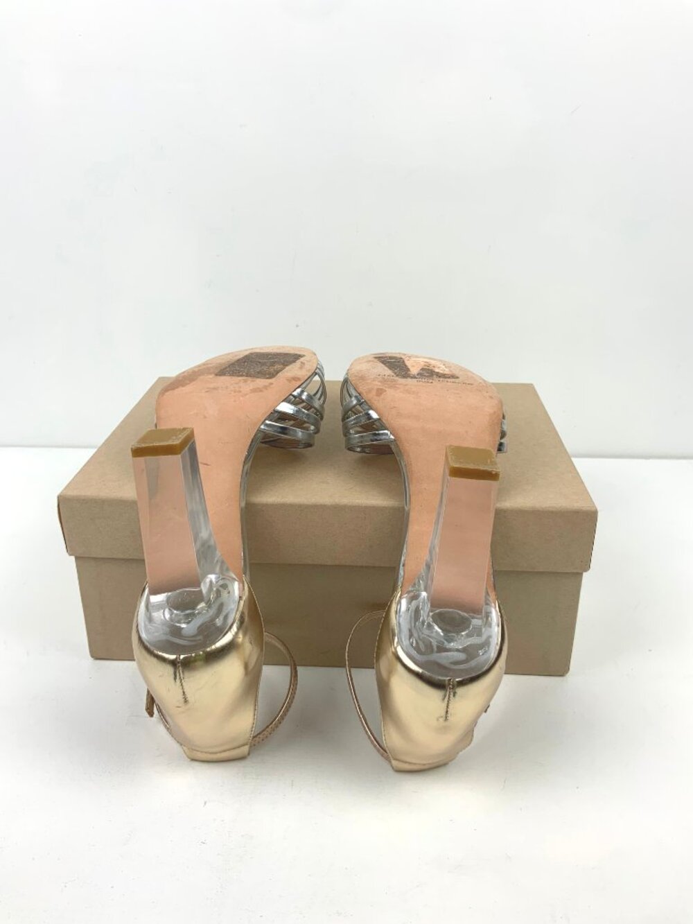 Diane von Furstenberg Ibiza Clear Heeled Strappy Metallic Silver Sandals Sz 9.5M - Picture 8 of 15